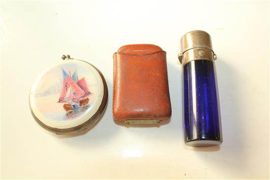 Enamel circular compact, scent bottle and eather cased silver vesta